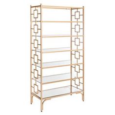 a wooden shelf with glass shelves on each side and an iron frame at the bottom