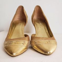 These Are Stunning, They Look Like 24k Gold ! Very Sexy, A Bit Of Your Toes Are Showing. Tiny Boo-Boos (See Last Pics) But Nothing Dangerous. Rich Look During The Day, They Look Great With Olives Or Oranges And Great For Clubbing Or Events. So Versatile! Marked Size 36, They Fit 5.5 And Narrow 6. New, Never Worn. No Poshmark Account Yet? Use Invite/Referral Code Makeanoffernow And Get 10$ Posh Credit When You Join Poshmark, Good Toward Any Purchase Sitewide. Luxury Low Heel Heels With Gold-tone Hardware, Gold Flat Heel Slip-on Shoes, Gold Kitten Heels With 4-inch Heel, Vintage Gold Heels With 4-inch Heel, Pointy Pumps, Leopard Print Heels With 4-inch Pointed Toe, Low Heel Shoes, Gold Leather, Snake Skin