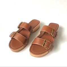 These Leather Sandals Have Adjustable Buckles On The Straps And A Genuine Wood Sole. Plus, The Extra-Cushy Footbed Means You Can Wear Them Out And About All Day. Leather Upper. Rubber Sole. Two Strap Sandals, Double Strap Sandals, Strappy Leather Sandals, Criss Cross Sandals, Slip On Espadrilles, Tan Sandals, Leather Thong Sandals, Black Shoes Women, Leather Block Heels