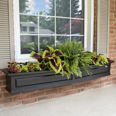 a window sill filled with plants next to a brick building