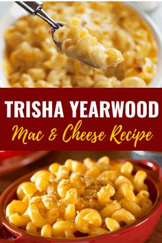 macaroni and cheese in a red bowl with the title overlay reads trisha yearwood mac & cheese recipe