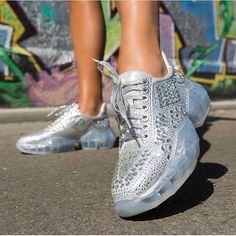 Silver rhinestone embellished sneaker with chunky clear bottom. Whole sizes only. Perfect with jeans or tracksuits. Your “it” shoe. #fashionsneakers #sneakers #sneakerfashion #sneakersaddict #womenshoes #womenssneakers #rhinestoneheels #womensfashion #womensclothing #fashionsneakersoutfit #fashionista Swag Women, Shoes Women Sneakers, Green Tights, Heel Sneakers, Pu Pu, Sneaker Outfits Women, Sneakers Fashion Outfits, Women Sneakers, Best Sneakers