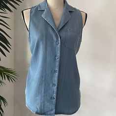 New With Tags - Sleeveless Button Up Jean Shirt Very Stylish Sleeveless Button Up, Puffy Sleeve Shirt, Cream Silk Blouse, Jean Shirt, Oversized Tunic, Puff Long Sleeves, Ruffle Long Sleeve, Denim Button Down, Dress Shirts For Women