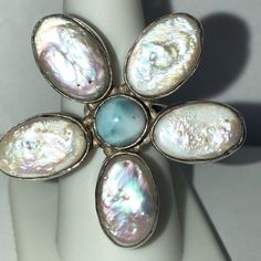 Artisan Crafted Larimar & Biwa Pearl Gemstones (18.90 Cts) In Heavy Sterling Silver Flower Ring *Adjustable Sizing Romantic Wedding Rings, Pear Wedding Ring, Orange Gem, Silver Flower Ring, Biwa Pearls, Tanzanite Diamond Ring, Gold Diamond Wedding Band, Gem Ring, Ring Color