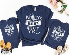 World's best aunt, niece and nephew - funny matching auntie and me shirts for aunt and niece, aunt and nephew & aunt and baby! Check out our full collection of awesome family shirt sets here: https://www.etsy.com/shop/MyFuntasticFamily?mcnav&section_id=29632816 HOW TO ORDER: All shirts are added individually to the basket. * Choose shirt variant/text. * Choose size & model. * Write the shirt color to the personalisation box. * Add shirt to basket. * Repeat these steps for the other shirts you wi Father's Day Blue Top With Funny Text, Funny Personalized Cotton Tops, Fitted T-shirt For Family Matching Gift, Aunt And Nephew, Nephew Shirts, Aunt And Niece, Auntie Life, Baby Check, Aunt Niece