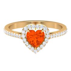 1.50 CT Heart Shape Fire Opal Engagement Ring with Diamond Accent Fire Opal - ( AAA ) - Quality - Rosec Jewels Opal Diamond Engagement Ring, Opal Heart Ring, Fire Opal Engagement Ring, Classic Diamond Ring, Citrine Ring Engagement, Unique Opal, Heart Engagement Rings, Fire Opal Ring, Opal Engagement