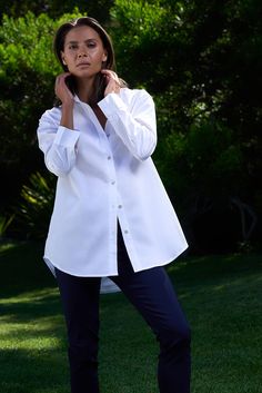 Simple, elegant, and versatile, this cotton shirt is a must-have for every closet. Dress it up or down with your favorite pant for endless wear. ✓ Machine Washable ✓ Office Ready ✓ Perfect for Layering ✓ Day to Night DETAILS Breathable lightweight cotton Button cuff sleeves Shirttail hem FIT Relaxed fit True to size Model is 5'8" and wears size S MEASUREMENTS Length from shoulder (back): 30" FABRIC + CARE 100% cotton Machine wash cold. Do not bleach. Tumble dry low. Can be dry cleaned. Cool iron Fitted Tunic, Simple Elegant, Tunic Length, Cuff Sleeves, Wardrobe Staples, Cotton Shirt, Fabric Care, Black Shirt, Must Haves