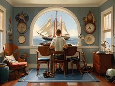 a man sitting at a desk in front of a window with a sailboat on it