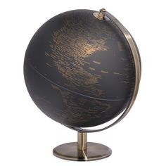 a black and gold globe on a stand with writing all over the globe, it's metal base