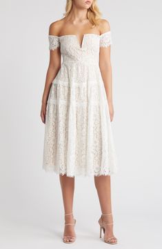 A notched neckline lends stylish shape to a tiered dress finished with a sweet eyelash-lace trim. 41" length (size Medium) Hidden back-zip closure Off-the-shoulder neck Short sleeves Lined 70% cotton, 30% nylon Hand wash, line dry Imported White Bridal Shower Dress, Lace Off The Shoulder Dress, White Bridal Shower, Notched Neckline, Bridal Shower Dress, Maternity Shops, Off The Shoulder Dress, Designer Clothes For Men, Modern Outfits