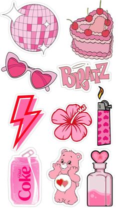 pink stickers with various items on them