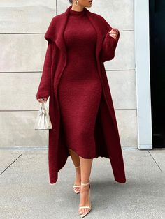 Affordable price buy Cardigans on Stylewe, SPU: 11NCA8I7C5E, Color: Crimson, Thickness:Heavyweight, Clothes Length:Mid-long. Dresses Coats, Streetwear Fall, Mode Kimono, Elegant Sweater, Turtleneck Long Sleeve, Flannel Women, Looks Street Style, Sweater Dress Midi, Midi Maxi Dress