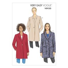 two women's coats and one woman's coat are shown in different colors