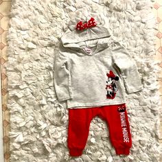 New Never Worn Disney Minnie Mouse 2-Piece Hoodie And Sweatpants, Lightweight, Red And Gray. Size 24 Months. Excellent Condition. Red Hooded Winter Set, Casual Minnie Mouse Long Sleeve Hoodie, Casual Long Sleeve Minnie Mouse Hoodie, Minnie Mouse Long Sleeve Cotton Hoodie, Minnie Mouse Cotton Long Sleeve Hoodie, Cute Mickey Mouse Hoodie For Winter, Cute Mickey Mouse Hoodie, Cute Long Sleeve Mickey Mouse Hoodie, Cotton Long Sleeve Minnie Mouse Hoodie