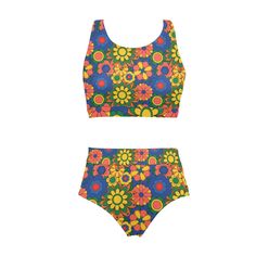 Bikini, Retro Bikini, Two piece Bikini Set, Mod Floral Bikini, 60s 70s Style Bikini, Retro Swimsuit, Multicolor Bikini, Women's Bikini A retro style swimwear I wanted to design to celebrate the 60s 70s era hence this cute floral pattern print design. Wear a big sunglasses with it. Comes with matching high waist bikini bottom. Material: Spandex and Polyester Custom and handmade to order. Designed in California, handmade overseas. Beachwear Swimwear With Retro Print For Poolside, Retro Print Swimwear For Beach Season, Retro Print Beachwear Swimwear For Poolside, Multicolor Retro Swimwear For Beach Party, Retro Print Swimwear For Beach Season Vacation, Retro Print Beachwear Swimwear For Vacation, Retro Multicolor Swimwear For Beach Party, Retro Multicolor Printed Swimwear, Summer Beach Swimwear With Retro Print