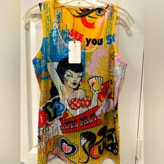 Sequin Cute Top Super Cute Sleeveless Graphic Print Top For Party, Yellow Party Top With Sequins, Yellow Sequined Top For Party, Yellow Party Tops With Sequins, Fitted Multicolor Print Top For Parties, Yellow Embellished Party Tops, Chic Multicolor Sequined Tops, Tropical Print Shirt, Couture Top