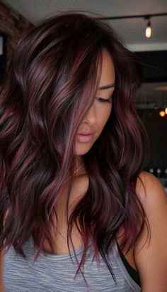 Merlot Highlights On Brown Hair, Dark Hair With Some Color, Dark Colors For Hair, Brunette Hair For Summer 2024, Burgundy Hair Lowlights, Hair Color Ideas Wine Red, Red Violet Money Piece, Red Hair Color For Dark Hair, Black Hair With Wine Red Highlights