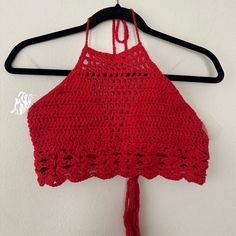 Red Handmade Crochet Top. Size S/M. Can Be Used As A Swim Coverup Or A Top. New And Never Used. Red Bohemian Crop Top For Festivals, Fitted Red Crochet Top, Red Crop Top For Summer Festivals, Fitted Red Crop Top For Beach, Red Cotton Crop Top For Festival, Red Crochet Beach Top, Red Crochet Top For Beach, Red Crochet Top For Vacation, Red Crochet Bohemian Top