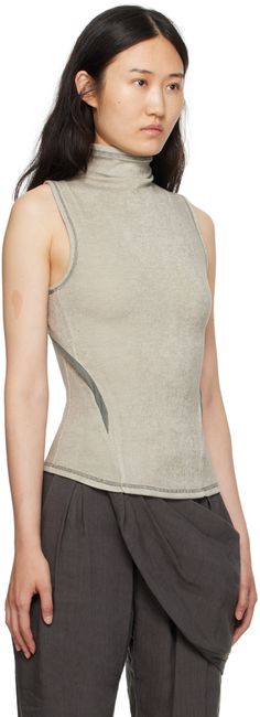 Rib knit stretch polyester- and rayon-blend tank top. · Paneled and layered construction · Turtleneck · Asymmetric hem · Logo flag at side seam · Racerback · Partial stretch jersey lining · Contrast overlock stitching in black Supplier color: Warm grey Hyein Seo, Stitch Logo, Tank Top Camisole, Warm Grey, Racerback Tank Top, Asymmetric Hem, Luxury Streetwear, Active Wear For Women, Racerback Tank