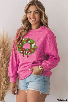 Olivia Mark - Christmas Rose Sequin Refined Mineral Wash Crewneck Sweatshirt Holiday Pink Long Sleeve Tops, Pink Long Sleeve Holiday Top, Pink Crew Neck T-shirt For Holidays, Pink Crew Neck Top For Christmas, Washed Sweatshirt, Wreath Print, Rosé Christmas, Sequined Sweatshirt, Christmas Rose