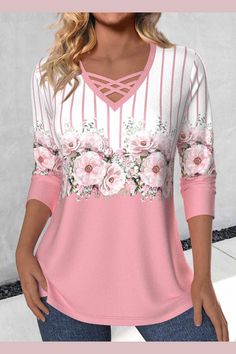 ROTITA Criss Cross Floral Print Pink V Neck T Shirt Pink V-neck Patchwork Top, Spring Long Sleeve Patchwork Tops, Pink Crew Neck T-shirt With Patchwork, White Spliced V-neck Tops, White V-neck Top With Patchwork, Spring V-neck Patchwork Tops, White Patchwork Tops For Spring, Pink Patchwork Cotton T-shirt, Pink Cotton Patchwork T-shirt