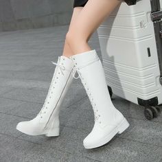 * Color :Black  white Boot Circumference: 34 cm Shaft length:  38  cm * Heel Height: About 3.5 cm * Width: Medium (B, M) * Available Sizes: US 4.5-10.5 * Material: Synthetic Leather * Platform: About 0.5 cm * Head Toe: round toe * Heel Shape: block * Popular Element: Fashion * Craftsmanship: Cement Shoes * Pattern: Pure Color * For Season: Autumn or Spring or Summer * Shoes Style: Court Shoes Notice ：actual color may differ from your computer display. Please choose the required size from the dro Casual White Knee-high Boots With Round Toe, Trendy Martin Boots With Round Toe For Office, Trendy Office Martin Boots With Round Toe, Trendy Office Platform Boots With Round Toe, Casual White Leather Knee-high Boots, Trendy Platform Boots For Office, Trendy Office Mid-calf Boots With Round Toe, White Leather Knee-high Boots With Round Toe, Trendy Knee-high Boots With Round Toe For Office