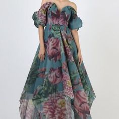 New W/O Price Tag Is An Overstock Outlet (Has Black Line Going Thru Cloth Label Name To Prevent Store Return) Authentic Geisha Designs Dress - Off The Shoulder Floral Appliqu Dress - Size Tag Missing; Estimating A Size Xl/Xxl; Measures Approx. 34" Waist, 19" Flat From Pit To Pit, Approx. 43" Total Width -Polyester; Nylon, Rayon Lining Floral Appliqu 3d Embellishments Back Zip Padded Cups - Metal Side Bars Dry Clean Imported Green Gown For Spring Banquet, Spring Banquet Floral Print Gown, Green Spring Evening Dress For Banquet, Floral Print Maxi Evening Dress, Floral Print Summer Evening Dress For Banquets, Spring Banquet Maxi Dress With Short Sleeves, Floral Print Summer Evening Dress For Banquet, Green A-line Spring Gown, Floral Print Evening Dress For Summer Banquet