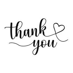 the word thank you written in black ink on a white background with heart shaped letters