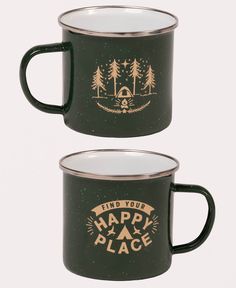 two black camp mugs with the words find your happy place printed on one side