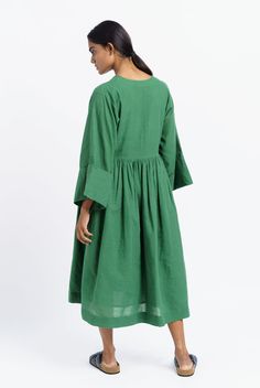 Basil green gathered midi dress Western Region, Handloom Fabric, Resort Dresses, Handwoven Fabric, Neckline Dress, Necklines For Dresses, Organic Cotton Fabric, Women Artisans, Dressed Down