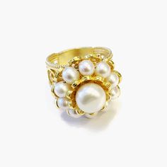 Double Layer Pearl 14K Gold Ring 925 Sterling Exceptionally Beautiful Design Pearl Ring, Feminine Ring, Valentine Gift Boxed, Mom's Gift Ring. IT WEIGHTS APPROXIMATELY 10 GR. 4-5 mm Pearls surround Center : 10 mm Round pearl for a feminine artistic look.. Made in an artisan workshop by an artist with 20+ Years experience. This a very Victorian, Artistic Ring that has sold out many times in England, Italy, Germany and the US. The Filigree band is tapered for comfortable wear. This will come in a Artisan Workshop, Bridal Gift Box, Valentines Gift Box, Gold Pearl Ring, Bridal Gift, Gift Ring, 14k Gold Ring, Valentine Gift, Bridal Gifts