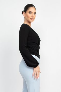 Unleash your inner boss babe with the Identity Biz Long Sleeve top. This wrap solid top exudes confidence and sophistication, making it perfect for work or a night out. With its long sleeves, you'll stay warm and stylish all day long. Show off your unique style with this must-have addition to your wardrobe. Fabric: Poly & Spandex Blend HMT52657 Elegant Fitted V-neck Long Sleeve Top, Chic Solid V-neck Long Sleeve Top, Fitted V-neck Wrap Top For Work, Fitted Solid Color Wrap Top, Fitted Long Sleeve Top For Work, Chic Stretch Wrap Top, Solid Long Sleeve Tops For Date Night, Versatile Fitted Wrap Top For Workwear, Long Sleeve Tops For Date Night