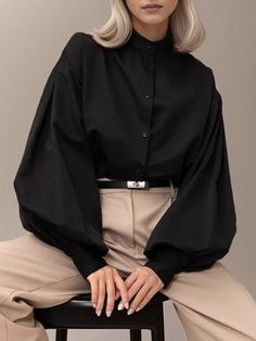 Loose Puff Sleeves Pleated Solid Color Split-Joint Split-Side Stand Collar Blouses BLACK-L Lantern Sleeve Cardigan, Stand Collar Blouse, Winter Typ, Lantern Sleeved Blouses, Neutral Minimalist, Cardigan Shirt, Solid Color Shirt, Basic Shirts, 가을 패션