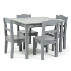 the table and chairs are made from wood with grey painted finish on each side,