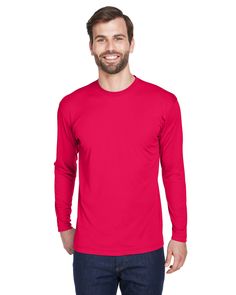 Adult Cool & Dry Sport Long-Sleeve Performance Interlock T-Shirt - RED - S | UltraClub Athletic Adult Cool & Dry Sport Long-Sleeve Performance Interlock T-Shirt in Red Size Small | Polyester Main Label, Sport Long Sleeve, Polo Long Sleeve, Athletic Apparel, Athletic Fits, Wholesale Clothing, Black And Navy, Shirts Tops, Long Sleeve Tshirt Men