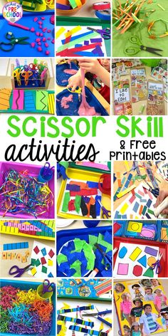 the collage of pictures shows different activities for kids to do with scissors and other items