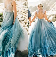 two pictures of a woman in a blue and white wedding dress, one is holding the other's hand