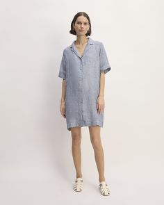 Meet the Linen Shirt Dress. This piece features an oversized fit, hits above the knee, with a button-front closure, and side pockets. Did You Know? This style is made using European Flax™ Linen, which comes from flax fibers cultivated and processed according to the standards set by the European Confederation of Flax and Hemp (CELC). Sourced exclusively from Belgium, France, and the Netherlands, it uses no GMOs, little-to-no irrigation, and a 100% mechanical process for zero-waste operation du Navy Cashmere Sweater, Shirt Dress Pattern, Europe Outfits, Collared Shirt Dress, Linen Shirt Dress, Pink Crewneck, White Shirt Dress, Midi Dress With Sleeves, Shirtdress