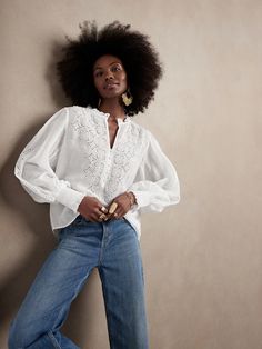 Women’s Tops – Blouses & Shirts | Banana Republic Collar Blouse Outfit, French Girl Summer, White Eyelet Blouse, Smock Blouse, Eyelet Blouse, Summer Capsule, Braid Out, Summer Capsule Wardrobe, Ruffle Collar