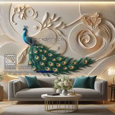 the peacock is sitting on the couch in front of the large wall paper that looks like it