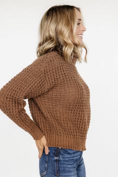 Baltic Born exclusive style Perfect cozy sweater for crisp days Lightweight waffle-knit sweater Muted warm brown color Chunky raised sweater knit Wide-ribbed, rolled funnel neck Wide-ribbed cuff and hemline Trina is 5'6, cup size 32D, size 2 and is wearing size S Muted Brown, Baltic Born, Chunky Knit Sweater, Waffle Knit Sweater, Brown Tone, Blowout Sale, Cozy Chic, Chunky Knits Sweater, Cozy Sweater