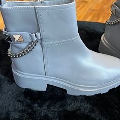 Women’s Gray Boots Trendy Moto Boots With Studded Rubber Outsoles, Trendy Gray Leather Boots, Chic Gray Boots For Spring, Chic Gray Boots With Round Toe, Trendy Gray Boots With Round Toe, Trendy Gray Round Toe Boots, Chic Gray Leather Boots, Chic Gray Spring Boots, Trendy Gray Pointed Toe Boots