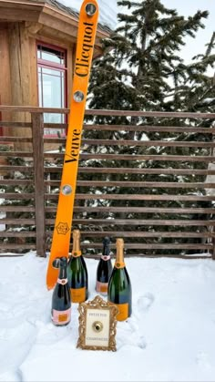 two bottles of champagne are sitting in the snow