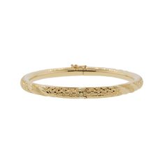 This 18k yellow gold bangle bracelet is hand engraved and features faceted and textured metal. It'll add warmth and sparkle to any look, perfect for any occasion! The inner circumference is 6.75 inches, and opens with a hinge for easy access. Its is held tightly in place with a security clasp. Pictured alongside the Yellow Gold & Natural Diamond Tennis Bracelet Elegant Hinged Gold Bangle Bracelet, Gold Hinged Bangle Bracelet, Luxury Yellow Gold Hinged Bracelet, Classic Gold Hinged Bangle, Luxury Hinged Gold Bangle Bracelet, Yellow Gold Bangle, Diamond Tennis Bracelet, Gold Bangle, Gold Bangle Bracelet