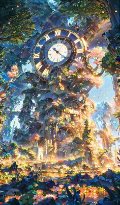 a large clock tower surrounded by trees and flowers in the middle of an animated forest