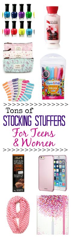 various items that are on display with the words, tons of stocking stuff for teens and women