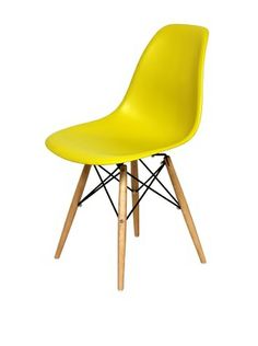 a yellow plastic chair with wooden legs