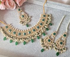 21K Gold Plated Necklace Set with lovely matching Earrings and Tikka Contrasted with bunch pearls and hanging beads in Emerald Green Traditional Beaded Bridal Set For Wedding, Handmade Chandbali Jewelry For Wedding, Handmade Chandbali Wedding Jewelry, Handmade Gold Bridal Necklace For Reception, Handmade Green Bridal Necklace For Wedding, Handmade Bridal Sets For Wedding Festivities, Handmade Festive Bridal Sets For Wedding, Festive Beaded Wedding Jewelry, Kundan Beaded Jewelry For Reception