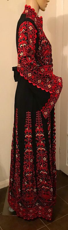 2 Piece Black Dress/ Abaya/ Kaftan/ Thobe and matching belt | Etsy Traditional Long Black Kaftan, Black Embroidered Floor-length Abaya, Red Dabka Abaya For Eid, Black Long Abaya With Resham Embroidery, Long Embroidered Abaya For Festival, Embroidered Long Abaya For Festival, Traditional Black Maxi Length Thobe, Black Long Kaftan With Intricate Embroidery, Traditional Black Embroidered Thobe