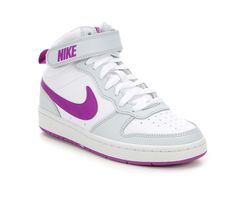 She'll look and feel like an all star off the court with the Nike® Big Kid Court Borough Mid 2 Sneakers. The classic high-top design features a durable upper and a lace-up closure with Velcro strap for an added secure fit. The durable outsole and cushioned insole will allow her to run and play all day in total comfort. Durable combination upper with holes at vamp for breathability, Secure lace-up closure with Velcro strap, Cushioned insole, Durable outsole, Padded collar and tongue for added com White Ppl, Court Borough Mid 2, Play All Day, Athletic Girls, Breathable Shoes, Shoe Carnival, Girls Sneakers, Top Design, Big Kid